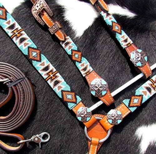 Showman Turquoise & Orange Aztec Design Beaded Headstall & Breast Collar Set