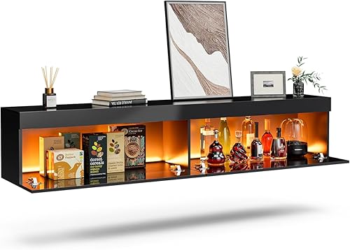 longmaya Soporte de TV flotante de 70 pulgadas, moderno estante de TV colgante de pared con luces LED y armario de almacenamiento, centro de