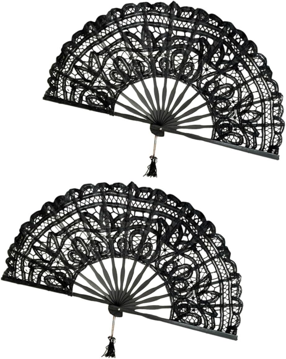 2pcs Vintage Lace Hand Fans with Ribs 27cm, Foldable Handheld Fans for Women Wedding Party Dance Performance, Black