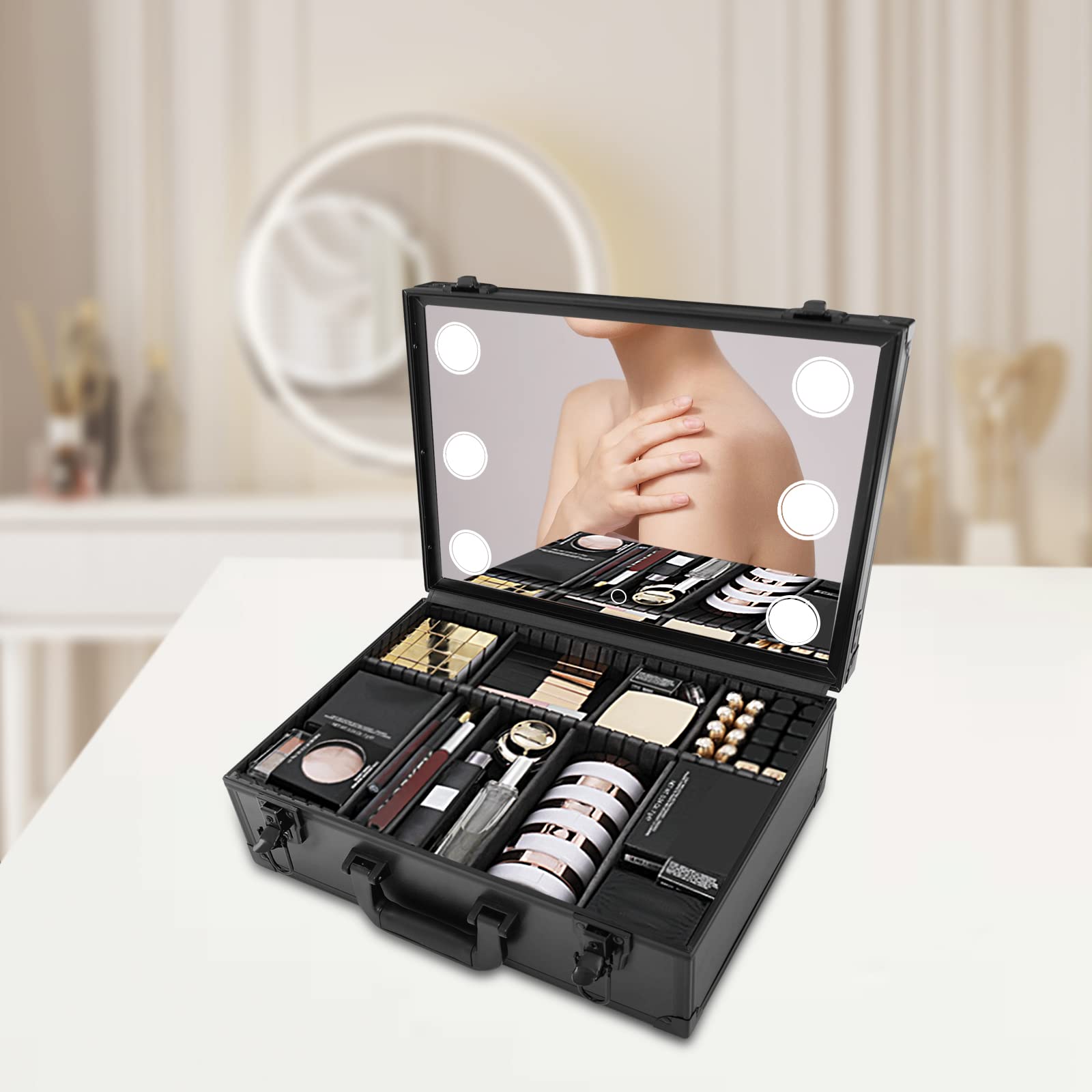 Kosmetiktasche Kosmetik Koffer Schminkkoffer mit Lichtern und Spiegel Make-up Organizer Schminktasche Reise Damen