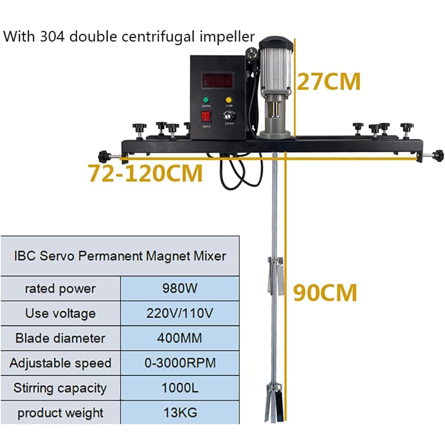 Mezclador eléctrico de pintura de 980 W con impulsor plegable de 400 mm, varilla de agitación de acero inoxidable de 900 mm, ajuste de velocidad de 0 a 3000 RPM para líquidos de viscosidad media a