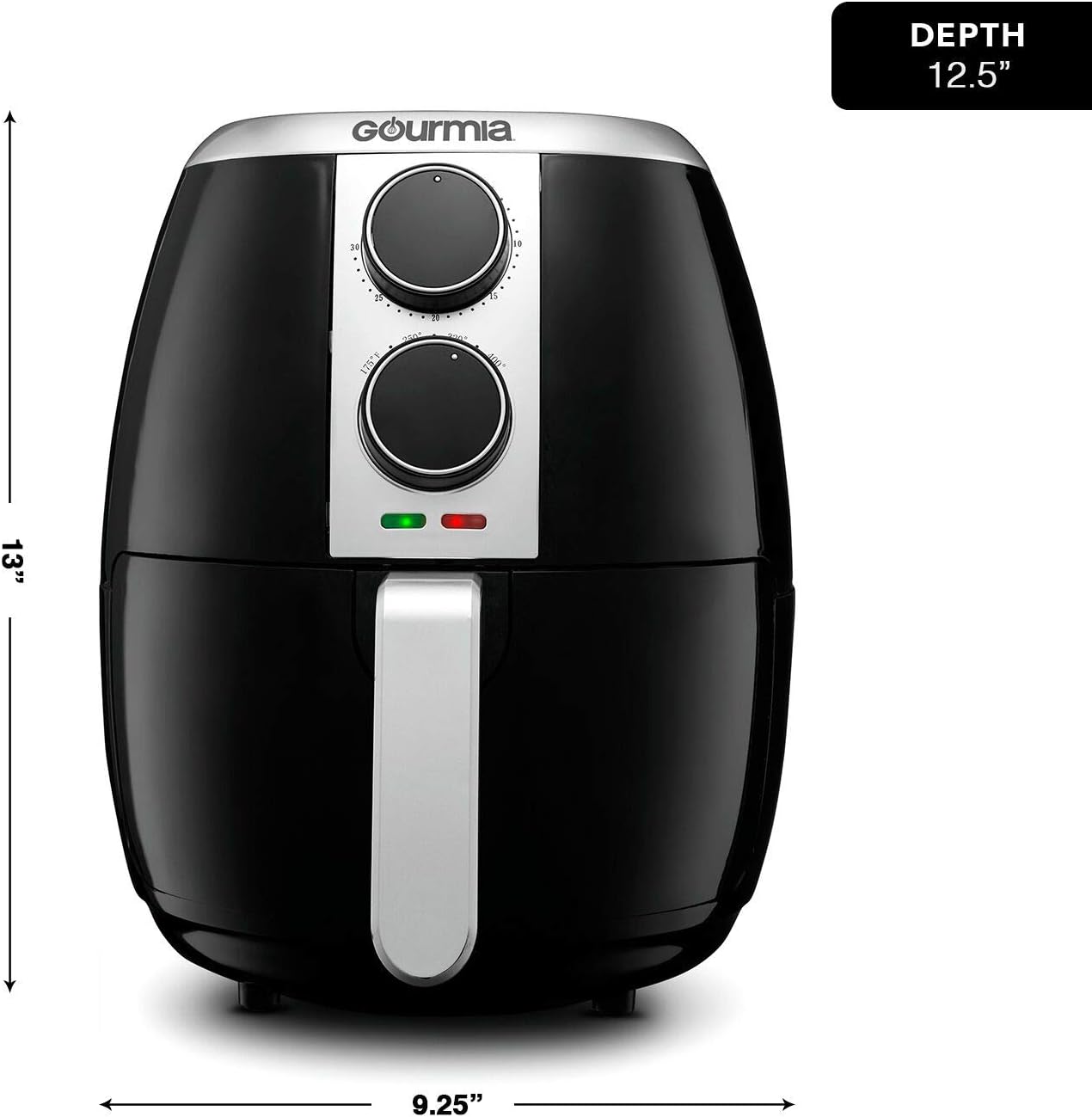 Diagram showing the dimensions of the Gourmia GAF375 Air Fryer: 9.25 inches width, 13 inches height, and 12.5 inches depth.