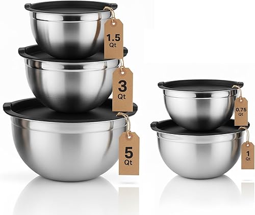 Vinod Cookware - Tazones para mezclar de acero inoxidable con tapas, juego de cuencos apilables de fondo plano resistente, cuencos para preparar