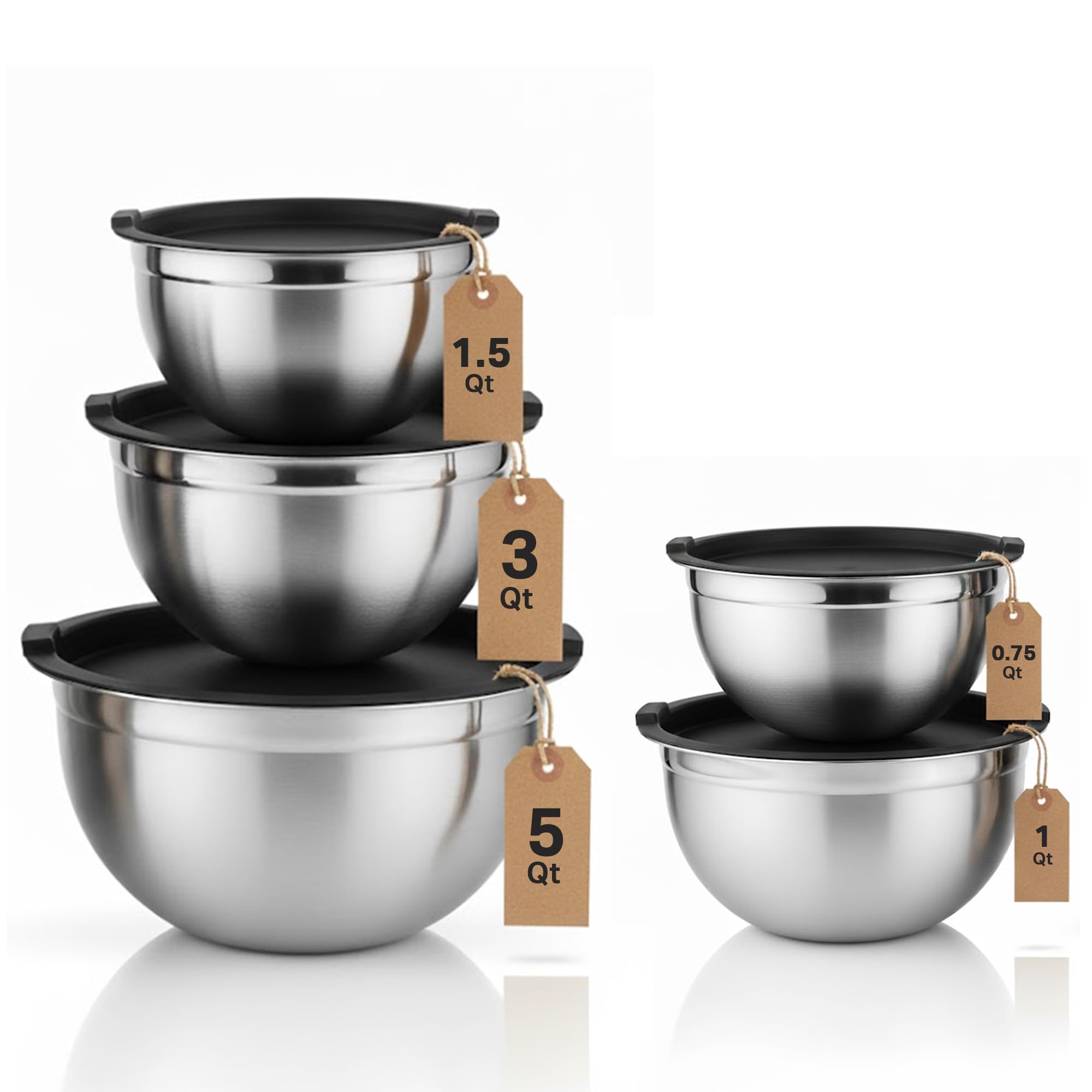 Vinod Set of 5 Stainless Steel Mixing Bowls with Lids - Meal Prep Bowls | Mix & Serve | Flat Bottom & Stackable | Heavy Duty, Easy to Clean, Space Saving, | Black Lids