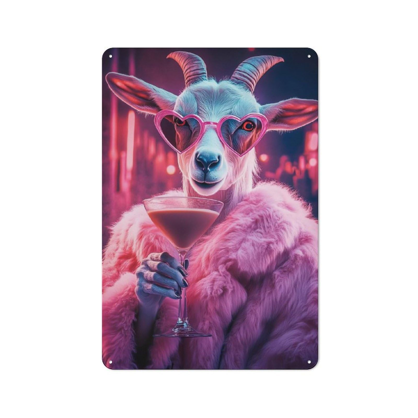 Junmoney Glamorous Goat With Cocktail Tin Wall Plaque 30X20cm With For Guest Room Or Hallway, For Metal Sign Collectors, For Garage And Workshop Walls
