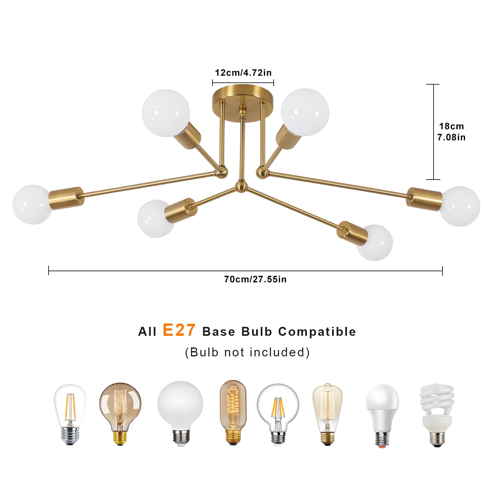 Comely Komfortowa lampa Sputnik Nowoczesny 6 świateł E27 Złota przemysłowa lampa sufitowa Vintage Sufit Plafon z podstawą E27 do salonu, sypialni, jadalni, średnicy 70cm (bez żarówki)