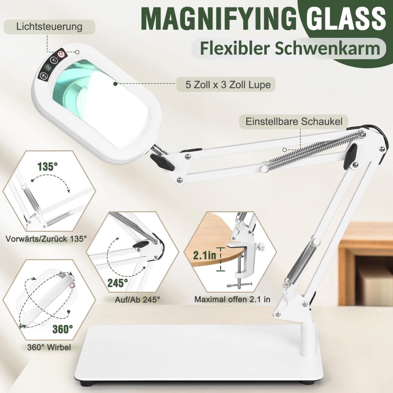 Veemagni Lupa rectangular 10X con luz y soporte, 5 modos de color regulable sin niveles, lámpara de escritorio 2 en 1 con iluminación LED y abrazadera, manos libres, lupa de lectura para leer