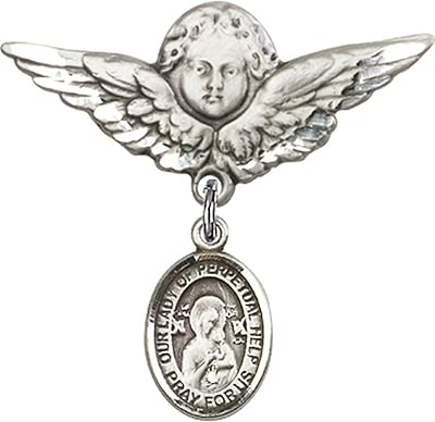 Sterling Silver Baby Badge with Our Lady of Perpetual Help Charm and Angel w/Wings Badge Pin 1 1/8 X 1 1/8 inches