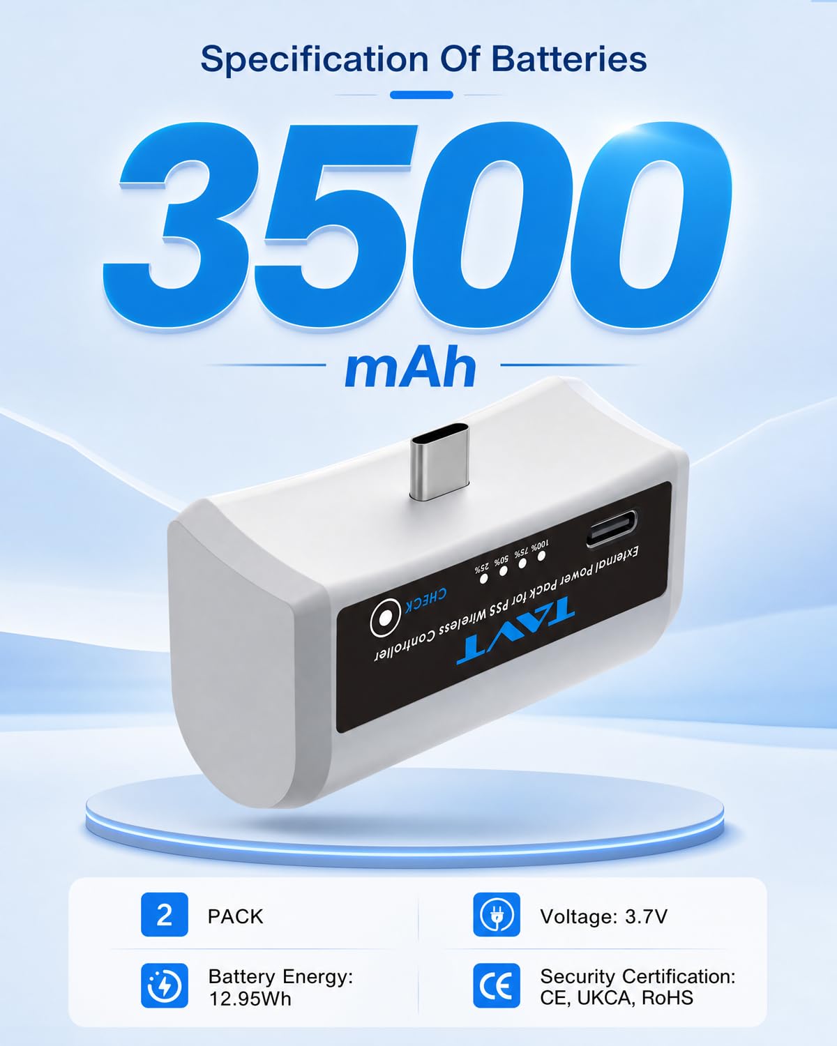 Batteria esterna per controller Sony PlayStation 5, PS5 Dualsense/Edge, batteria ricaricabile con indicatore LED e cavo di ricarica USB-C