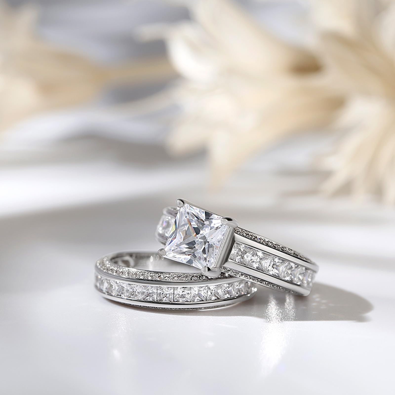 Jeulia Plata de Ley Juego de Anillos para Mujer 4 Puntas Diamantes Anillos Juego Con Corte Princesa Joyas para Novia Anillo de Bodas Compromiso