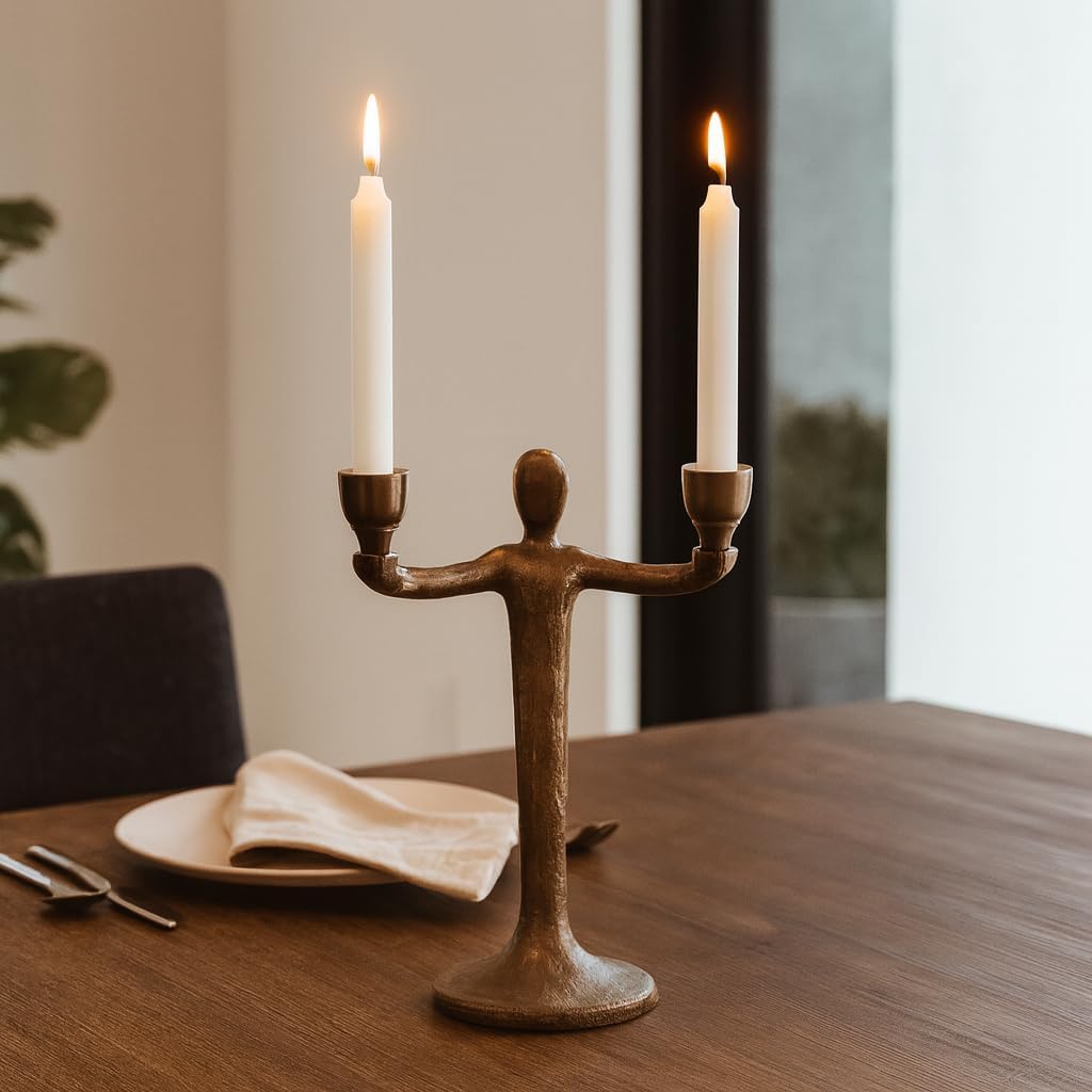 Decorative Metal Taper Candle Holder for House Decor - Artistic Figurine Candlestick Holder for Mantel, Bookcase Accent, or Console Decor - Modern Candle Stand Centerpiece for Tables - 12" Gold
