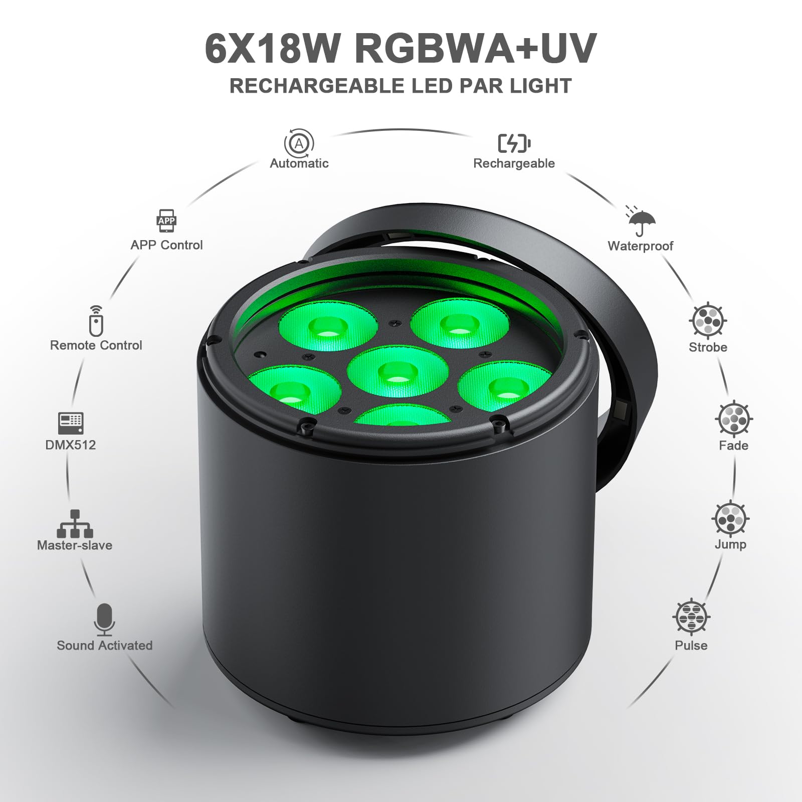 Oloaxolx - Faro da palcoscenico a batteria da 108 W, IP65, impermeabile RGBW+UV, ricaricabile, 8800 mA, con telecomando/app/DMX512, per esterni, per feste, DJ, matrimonio, Halloween, Natale
