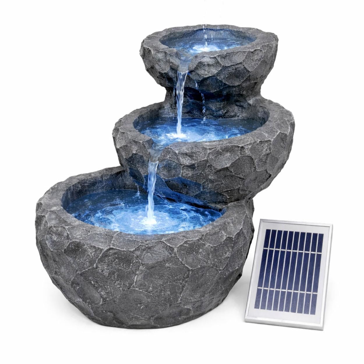 Solar-Powered Water Feature - Three-Tiered Rock With Battery Backup