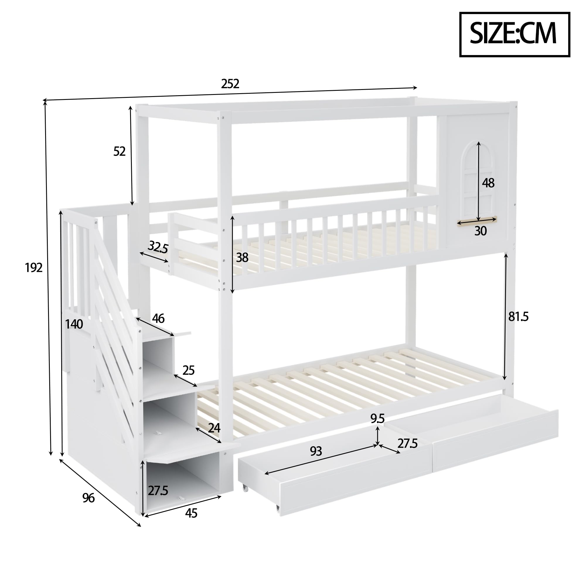 Moimhear Etagenbett Kinderbett, Massivholz Doppelbett, Hausform mit Fenstern, Sicherheitszaun-Design, Mit Aufbewahrungsschubladen und Sicherheitsleiter (Weiß, 90x200cm)