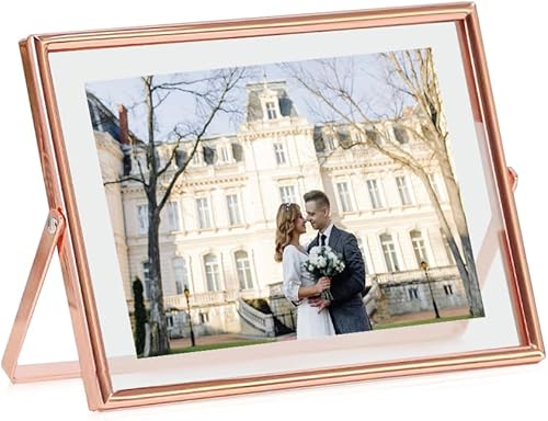 Miniatura 3 de Marco de fotos de metal flotante (5 x 7 pulgadas, oro rosa), hermoso estante horizontal de escritorio, marco de fotos de arte de vidrio, marco de