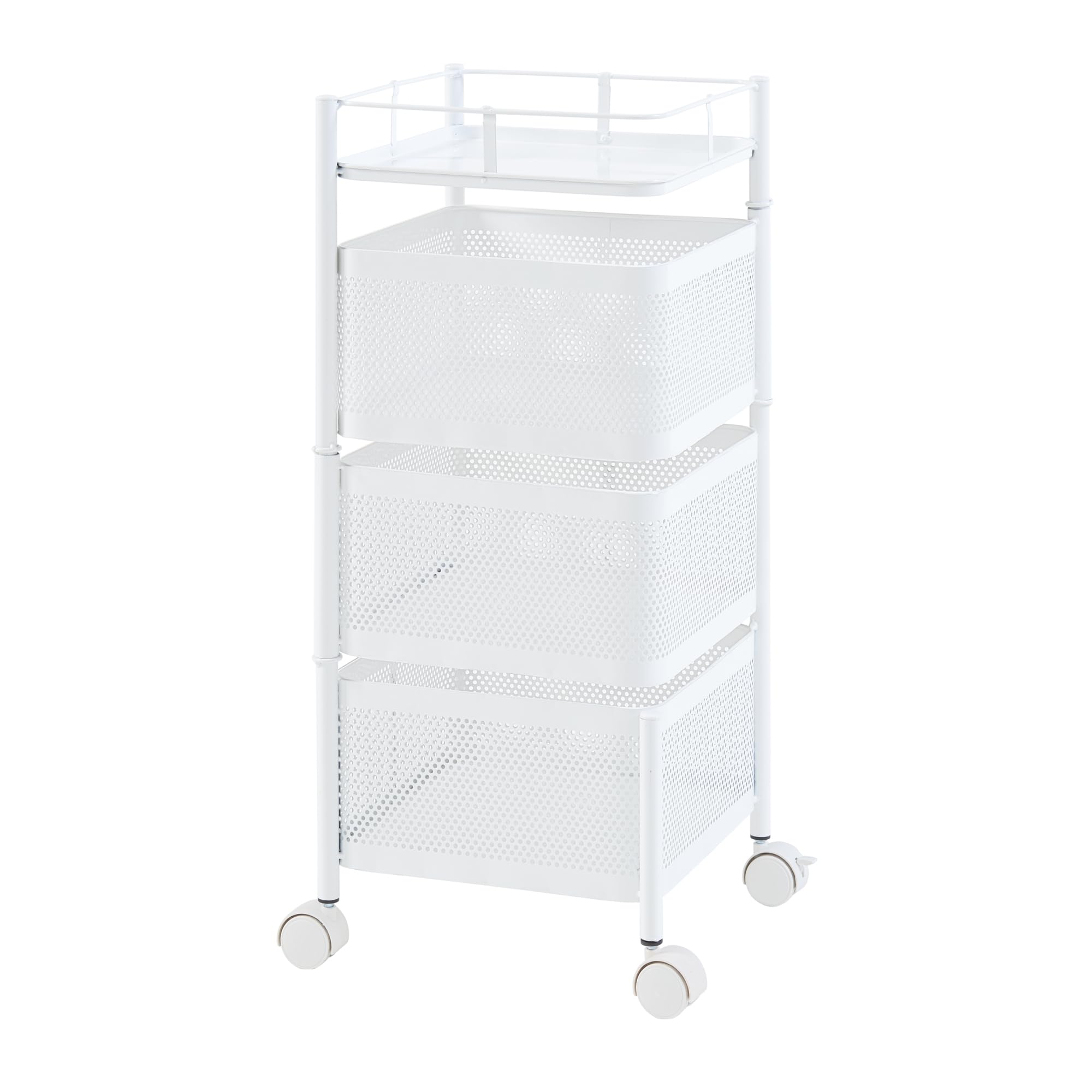 [en.casa] Rollwagen Sunndal mit 3 Ebenen mehrlagiges Küchenregal mit Rädern Servierwagen aus Stahl ausklappbare Körbe Regal für Küche, Bad 64,5x27x27cm Weiß