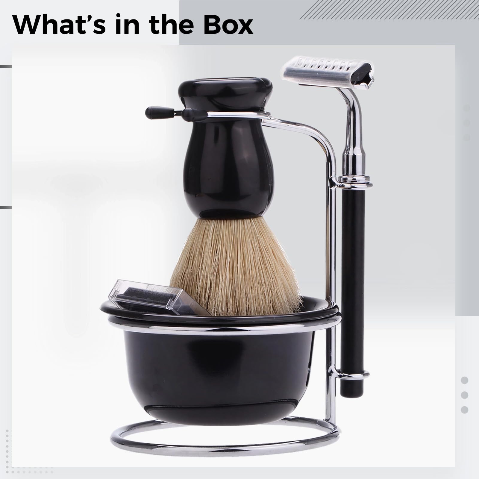 Kit de rasage 5 pièces pour homme, avec blaireau, rasoir manuel, bol de rasage, support, manche élargi, matériaux métal et plastique, pour un rasage net et élégant
