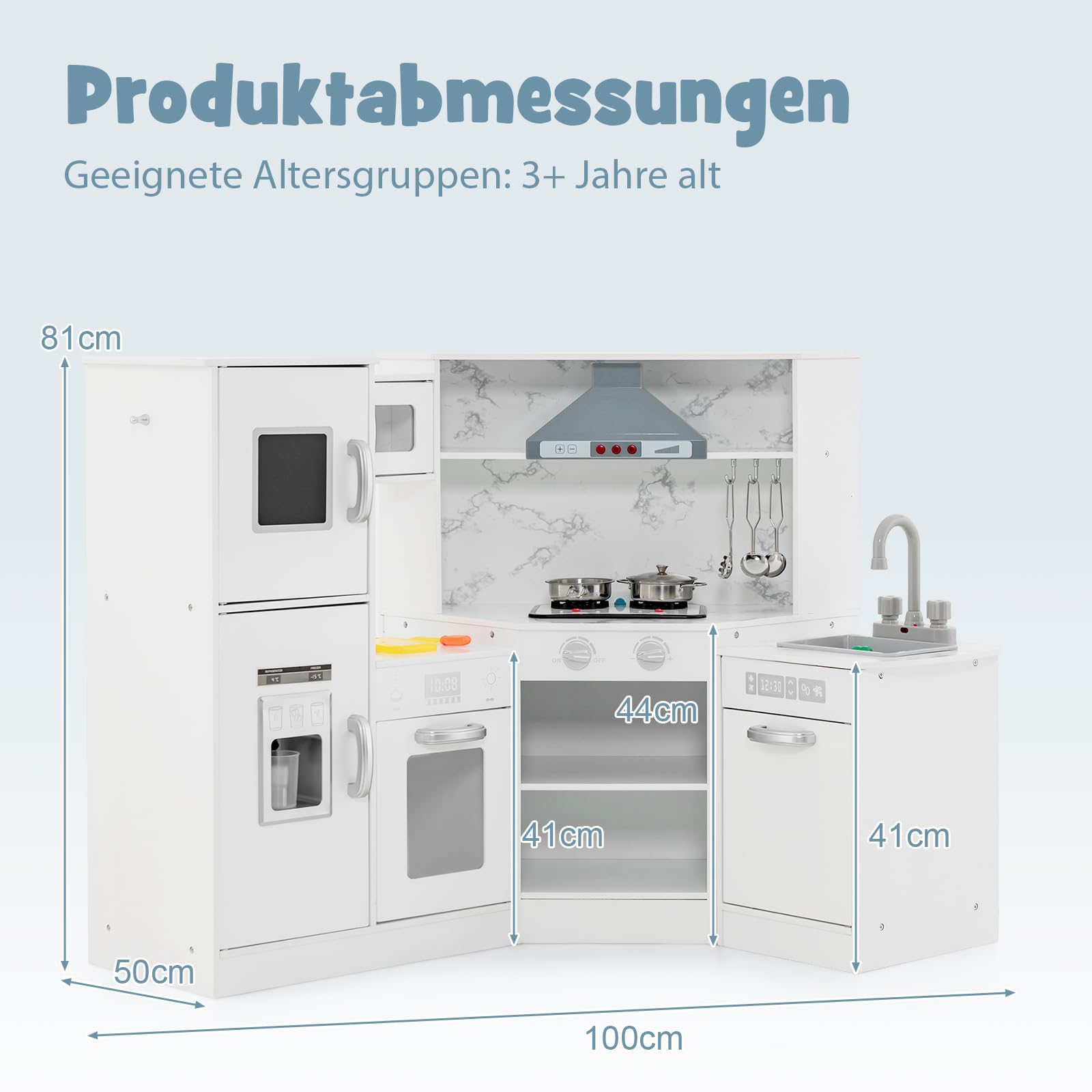 DREAMADE Kinderküche aus Holz mit 16 TLG. Spielzubehör, Kinder Küche Eckküche mit Tafel Herd Spüle Backofen, Spielküche mit Licht und Sound für Kinder Mädchen ab 3 Jahren(Weiß)