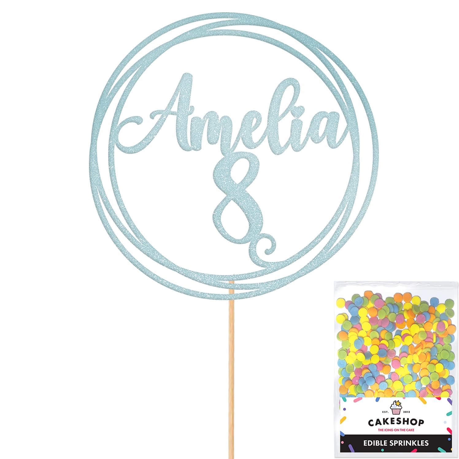 Personalised Round Happy Birthday Glitter Cake Topper - Light Blue Any Custom Age & Name Glitter Cake Decoration and Sprinkles - Happy Birthday Decorations - Personalised Toppers for Cakes by Cakeshop