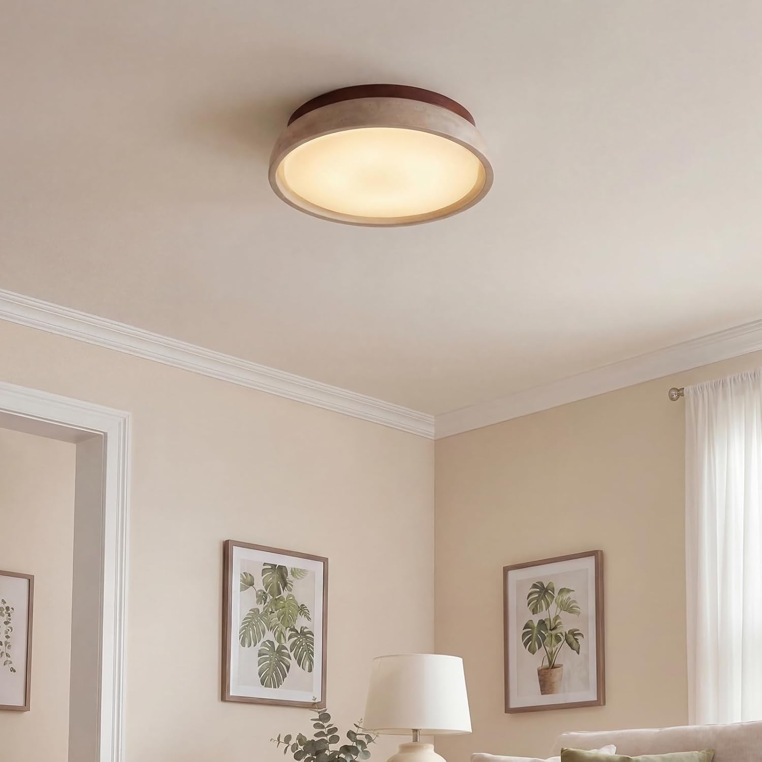Nowoczesna Lampa Sufitowa LED Z Możliwością Ściemniania, Żółty Trawertyn, Lampa Sufitowa Z Naturalnego Drewna, Drewno, Oświetlenie Sufitowe W Stylu Vintage Wabi-sabi Do Sypialni(30CM)