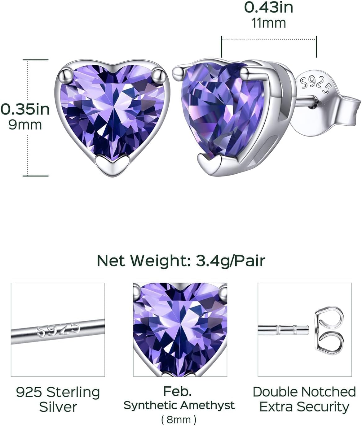 ChicSilver 925 Sterling Silver Birthstone Earrings for Women, 8MM/2 Carat Heart, Round & Princess Cut CZ Stud Earrings, Hypoallergenic Jewelry, Ideal Birthday or Christmas Gifts - Image 8