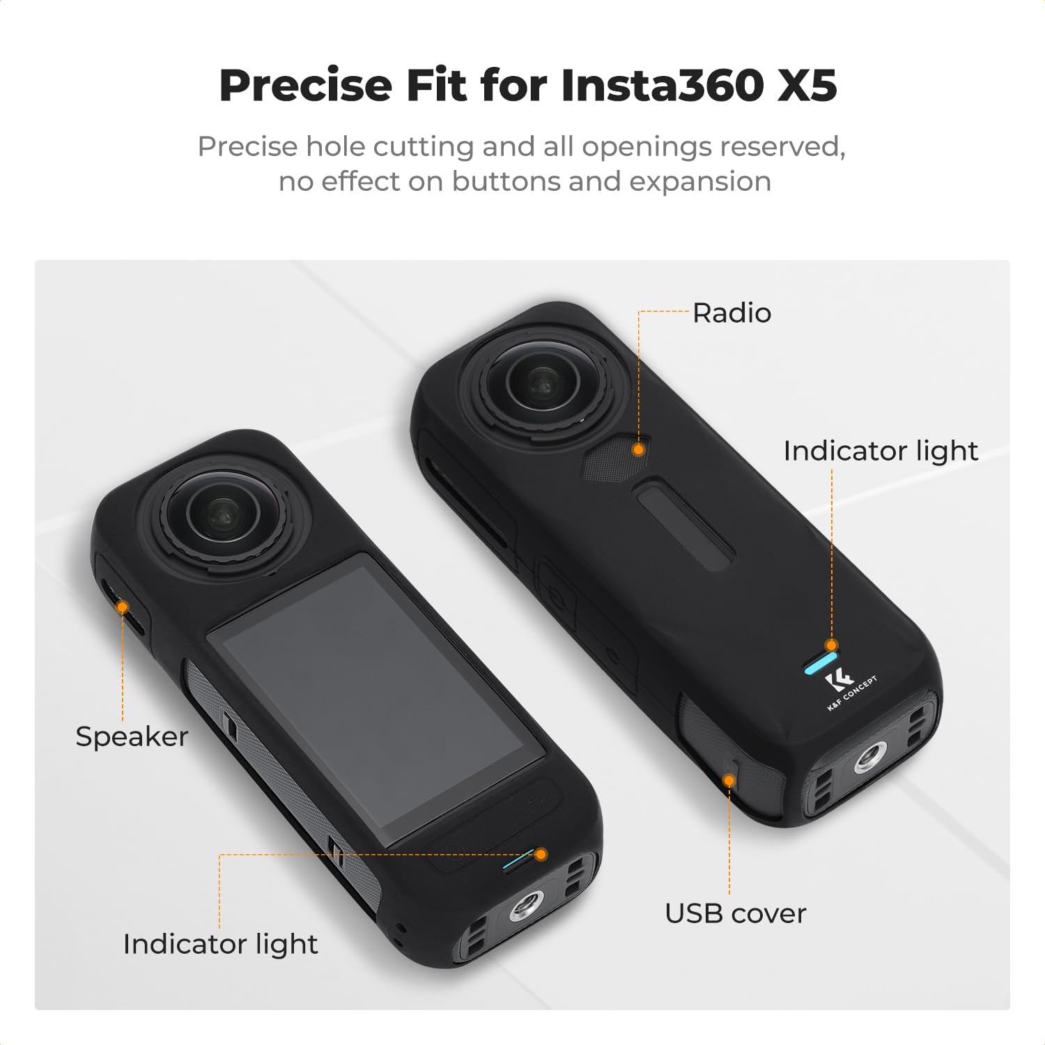 K&F CONCEPT Black Silicone Sleeve Case for Insta360 X5, Soft Protective Case with Lens Cover, Battery Side Open, All-Round Protect Action Camera Accessories
