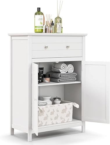 COSTWAY Armario de suelo de baño, organizador de almacenamiento lateral de madera con cajón más grande, estante ajustable y armario de 2 puertas,
