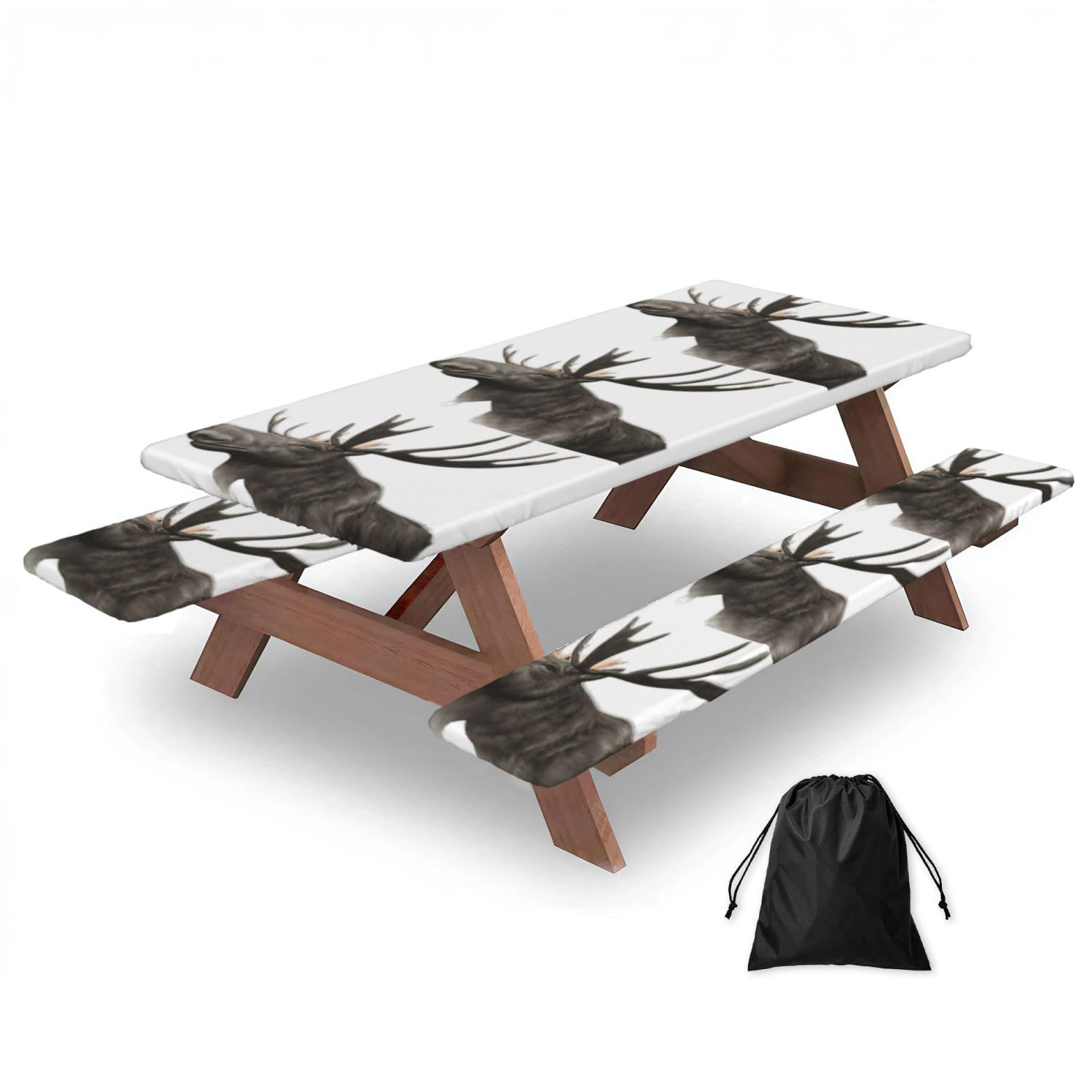 Moose Print 183cm Picnic Table Cover With Bench Covers, Waterproof Elastic Tablecloth Set For Outdoor