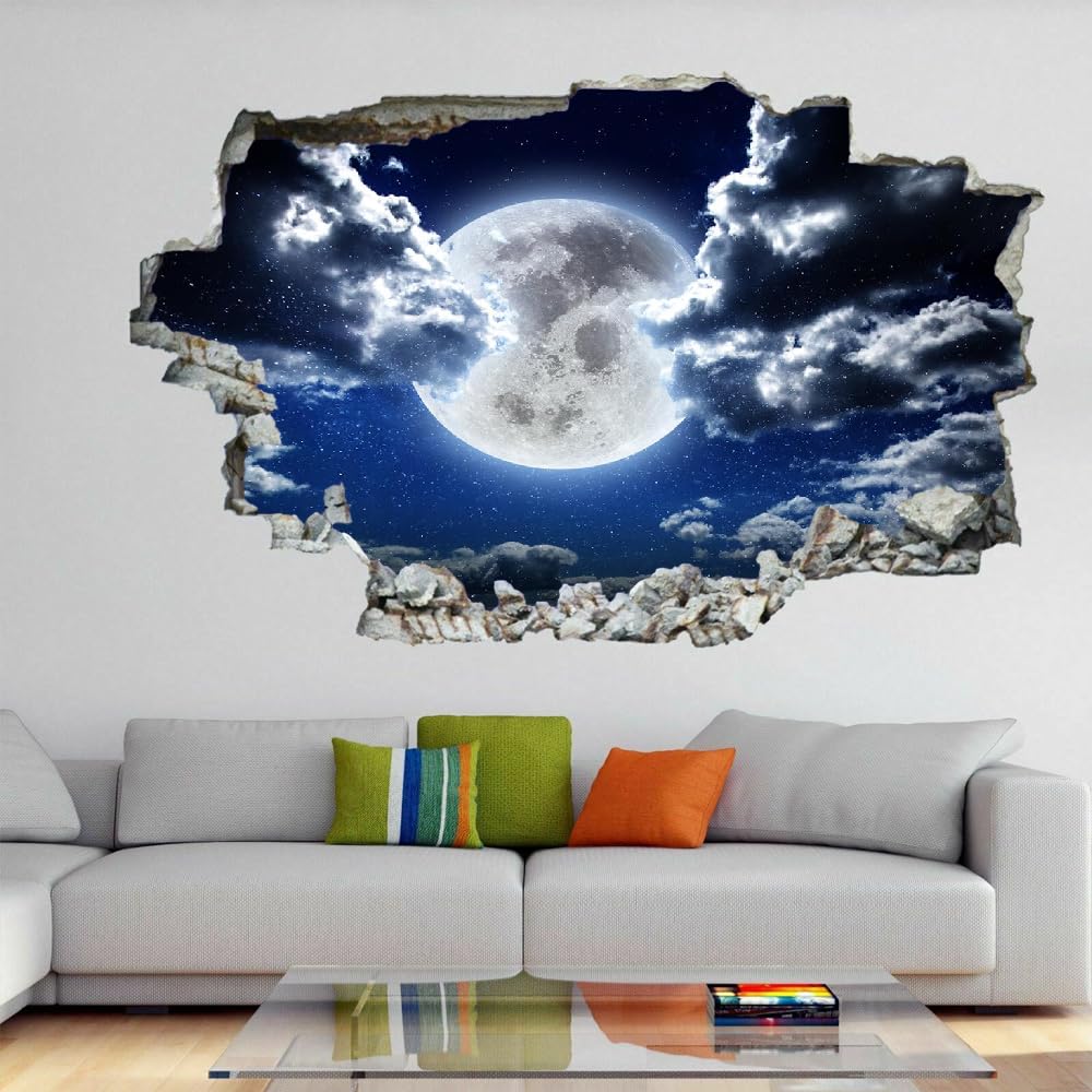 Pegatinas De Pared Murales Calcomanías, Luna Tatuaje De Pared 3D Roto, Paisaje Nocturno Vinilo De Pared Para Decoración De Arte Del Hogar, Decoración De Habitación De Niños 120x80cm