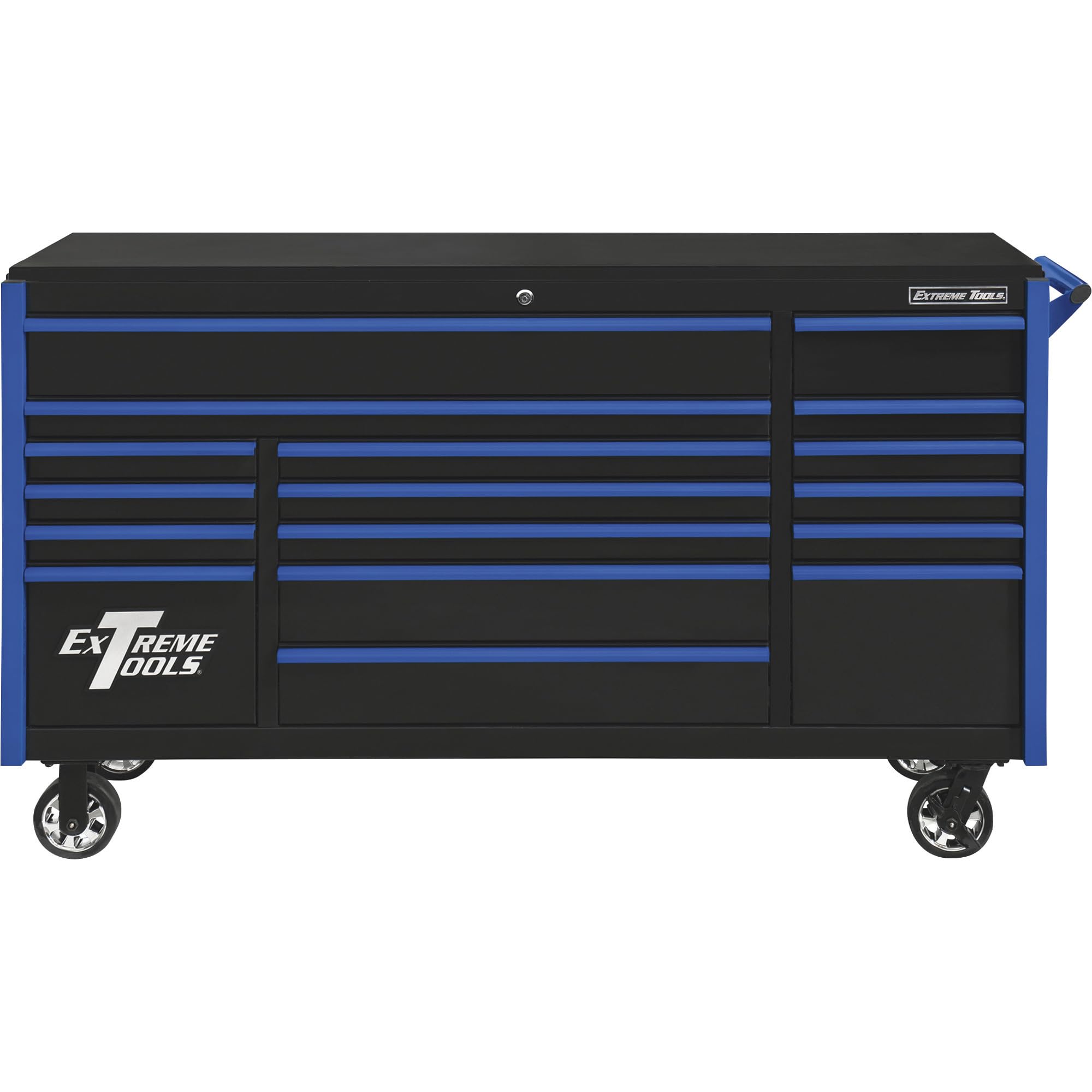 Extreme Tools DX Series 72 in.W x 21 in. D 17-Drawer Roller Cabinet Tool Chest with Mag Wheels in Black with Blue Drawer Pulls DX722117RCBKBL