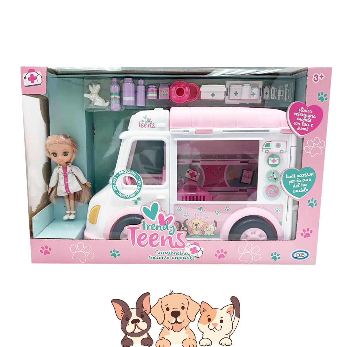ODS - Trendy Teens, Camioncino Soccorso Animali con Funzioni con Bambolina dimensioni 16 cm e Accessori, Giocattolo per Bambini, Età Consigliata +3
