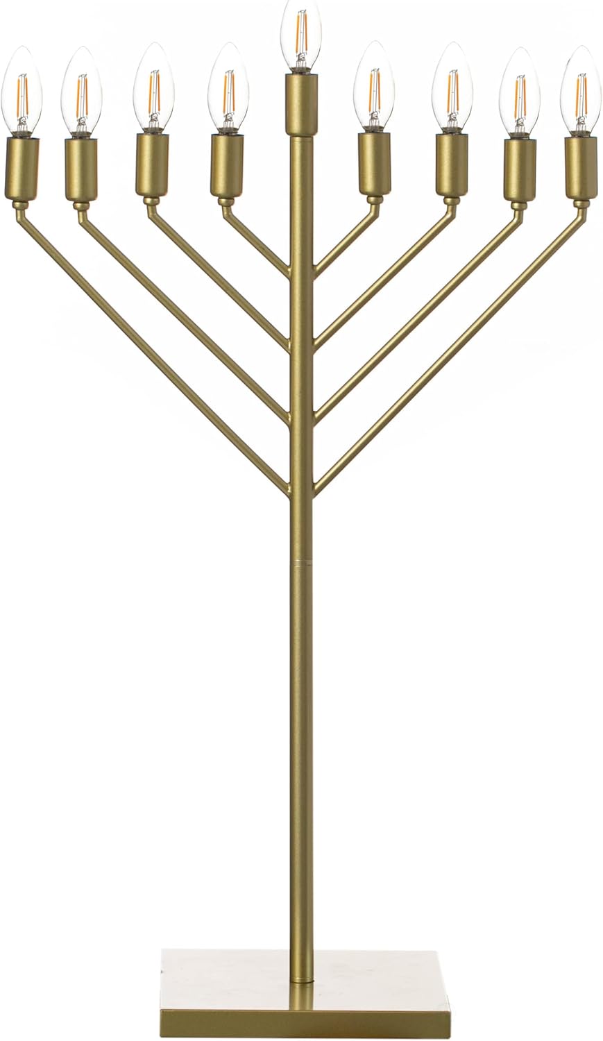 Large Modern Antique Gold Nine Branch Electric Chabad Style Hanukkah Menorah with Flame Shaped LED Bulbs