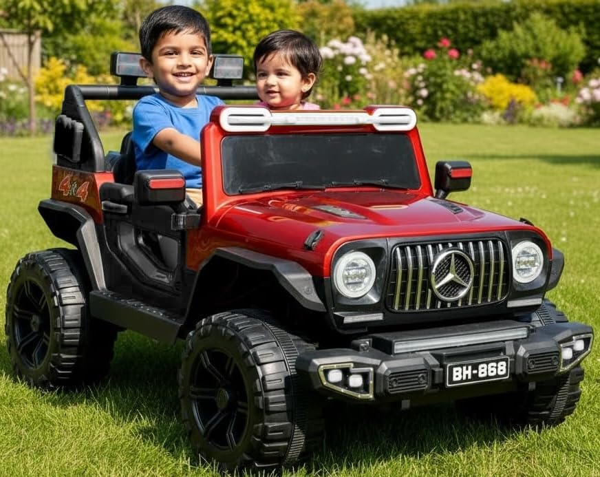 Image of Battery Operated Jeepss for Kids 1 to 8 Years 4x4 | Ride on Toy Electric Kid Car with Light, Music Player | Remote Control, Manual Steering | Electric Battery Cars | Baby Big Car (Benz-Red)
