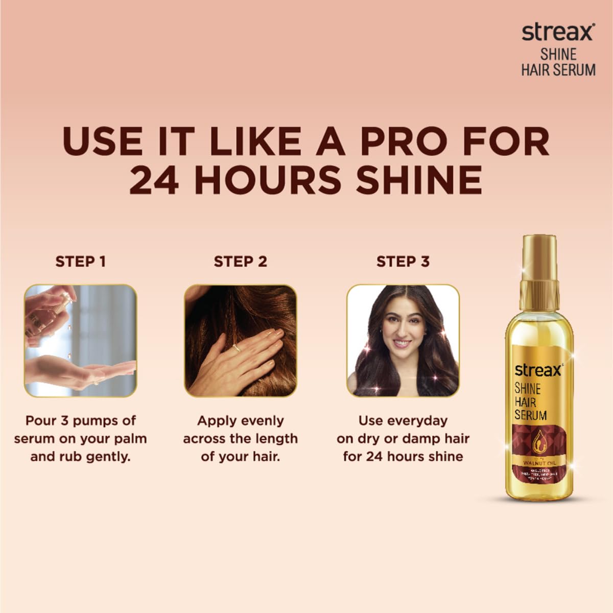 Streax Hair Serum 200ml, Hair serum for Dry & Frizzy Hair, for Women & Men, for Curly Hair, Wavy Hair, Straight Hair, Silk & Shine Vitalised with Walnut Oil 3
