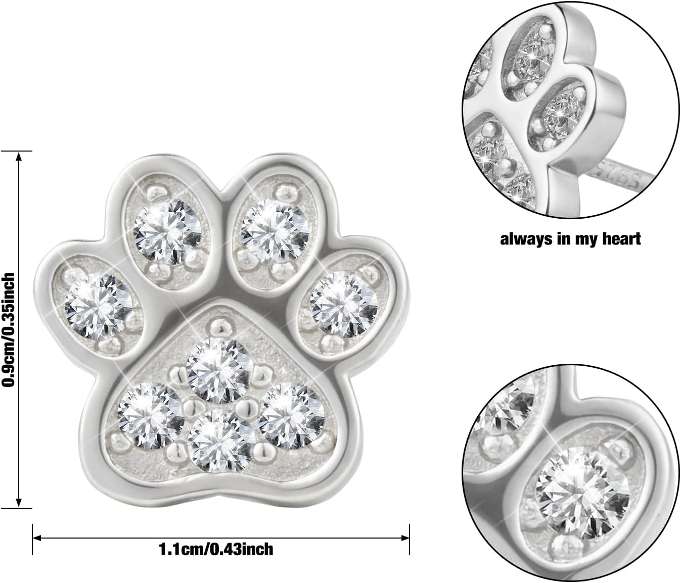 Paw Print Stud Earrings, 925 Sterling Silver, Crystal CZ Inlay, Dog Cat Paw Shape, Screw Ball Back