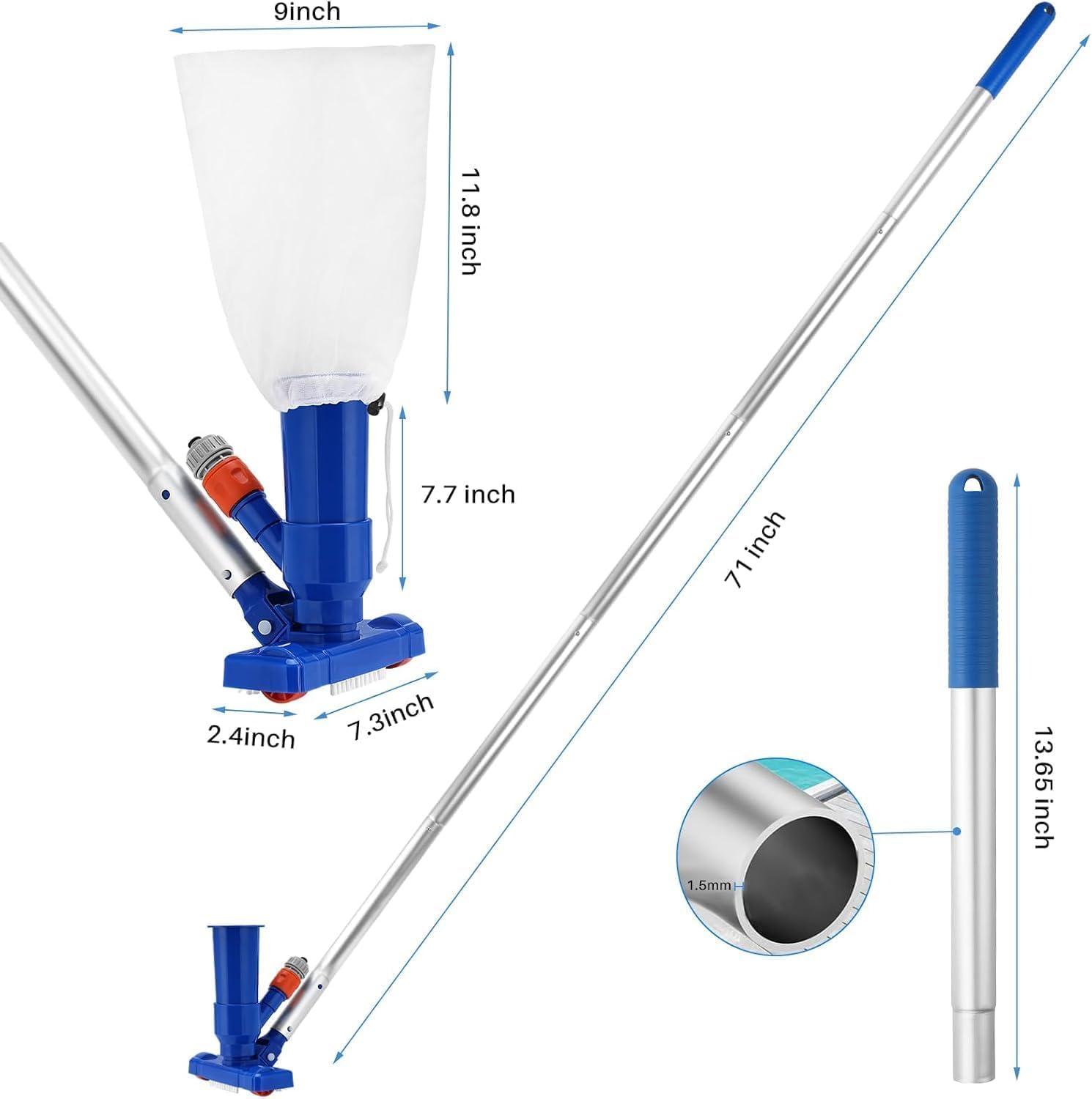 Aspirador de Piscina, Aspiradora de Fondo de Piscina Portátil con 180cm mástil, Aspirador de Piscina Manual Pequeña con Cepillo y Bolsa de Malla para Bañera de Hidromasaje de Fuente SPA Piscina