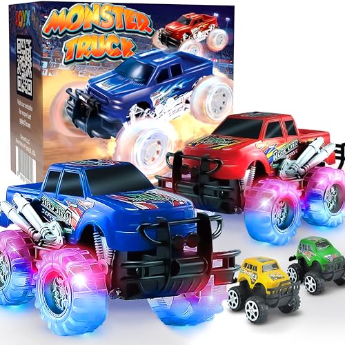 JoyX 4 Pack Light Up Monster Truck Car Toy with LED Tires, Best Birthday, for Boys and Girls Ages 3+, Push n Go & Pull n Go Cars, Race Truck Toy for Kid Party Favors and Daily Play
