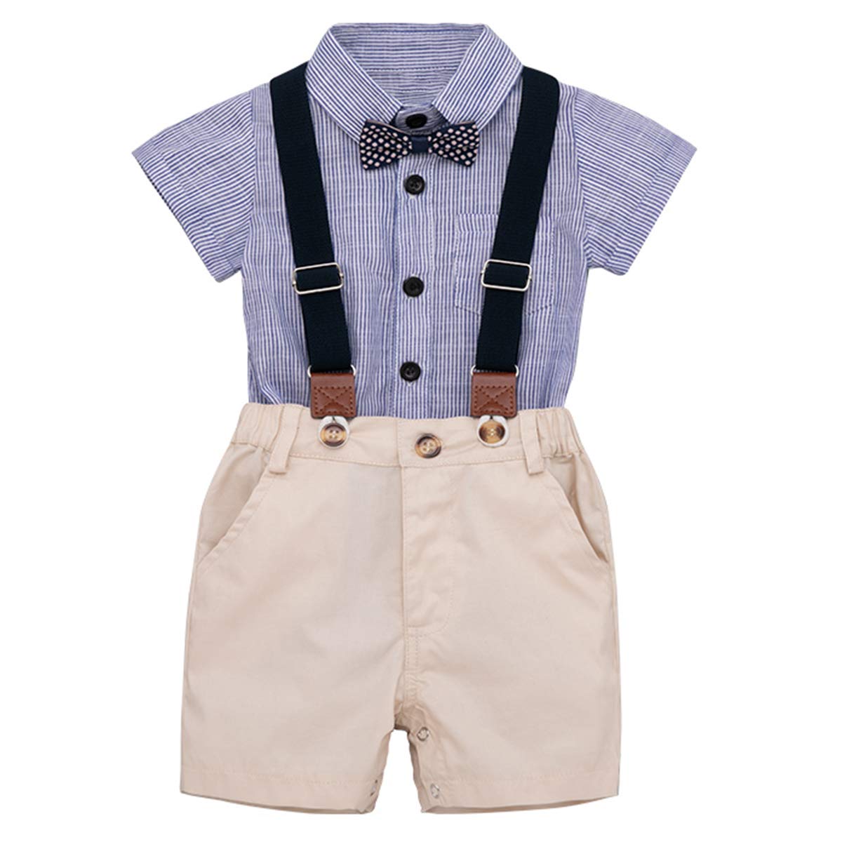 BorlaiBaby Boy Gentleman Outifts Bow Tie Stripe Short Sleeve Romper Suspender Pant Clothing Set