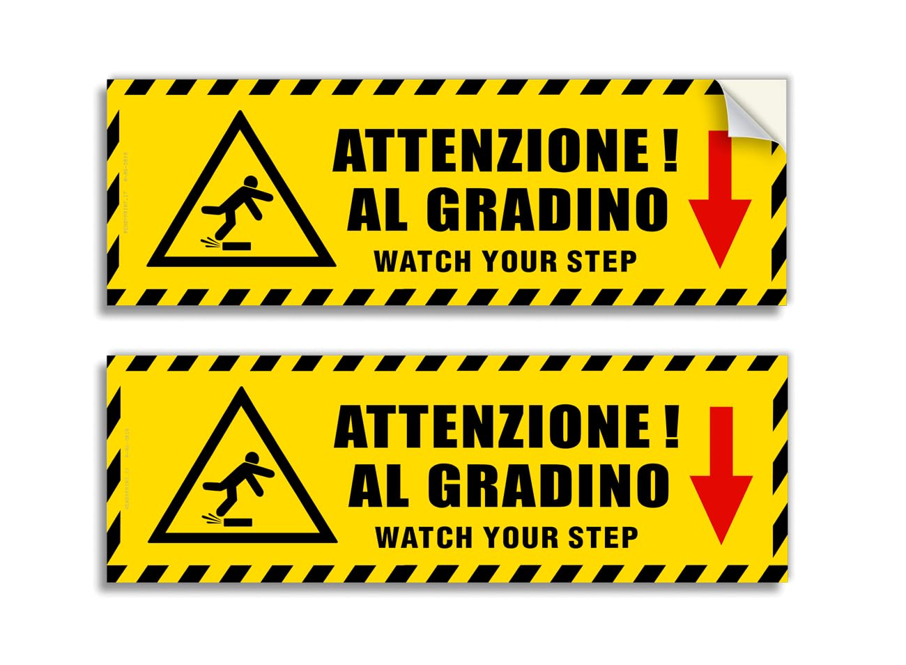 2 Adesivi Attenzione al gradino, mis. 30x10 cm, in italiano e inglese, cartello in vinile, pittogramma sicurezza pericolo caduta, laminato antigraffio e anti UV, impermeabile lavabile.