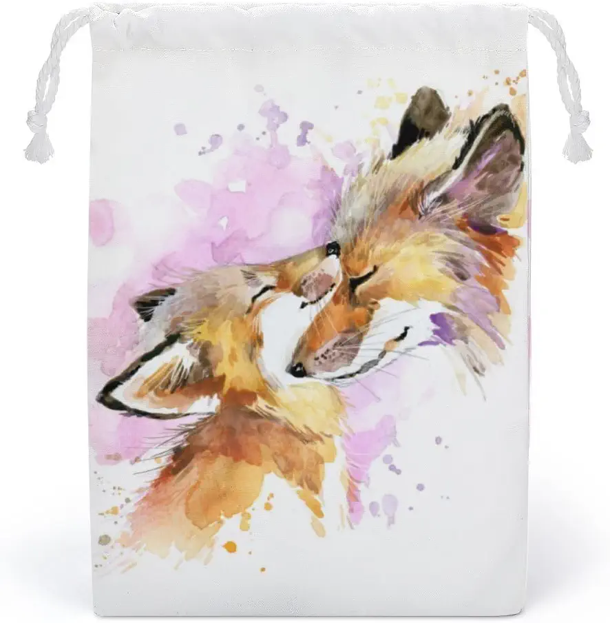 JAIDEN BEATA Watercolor Foxes Kiss Eco-Friendly Cosmetic Bag Burlap Gift Bag with Drawstring Toy Organizer Candy Bags Small Pouch Jewelry Sachet Bags Water Resistant Washable Canvas Bag S