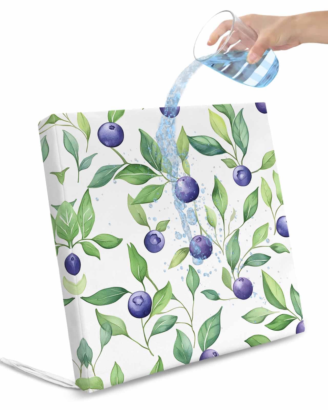 2 Pack Summer Fruit Waterproof Cushion Covers with Ties, Outdoor Patio Chaise Lounge Chair Seat Cushion Slip Covers Replacement(Only Cover) Blue Berry Vintage Leaf Watercolor Green 22