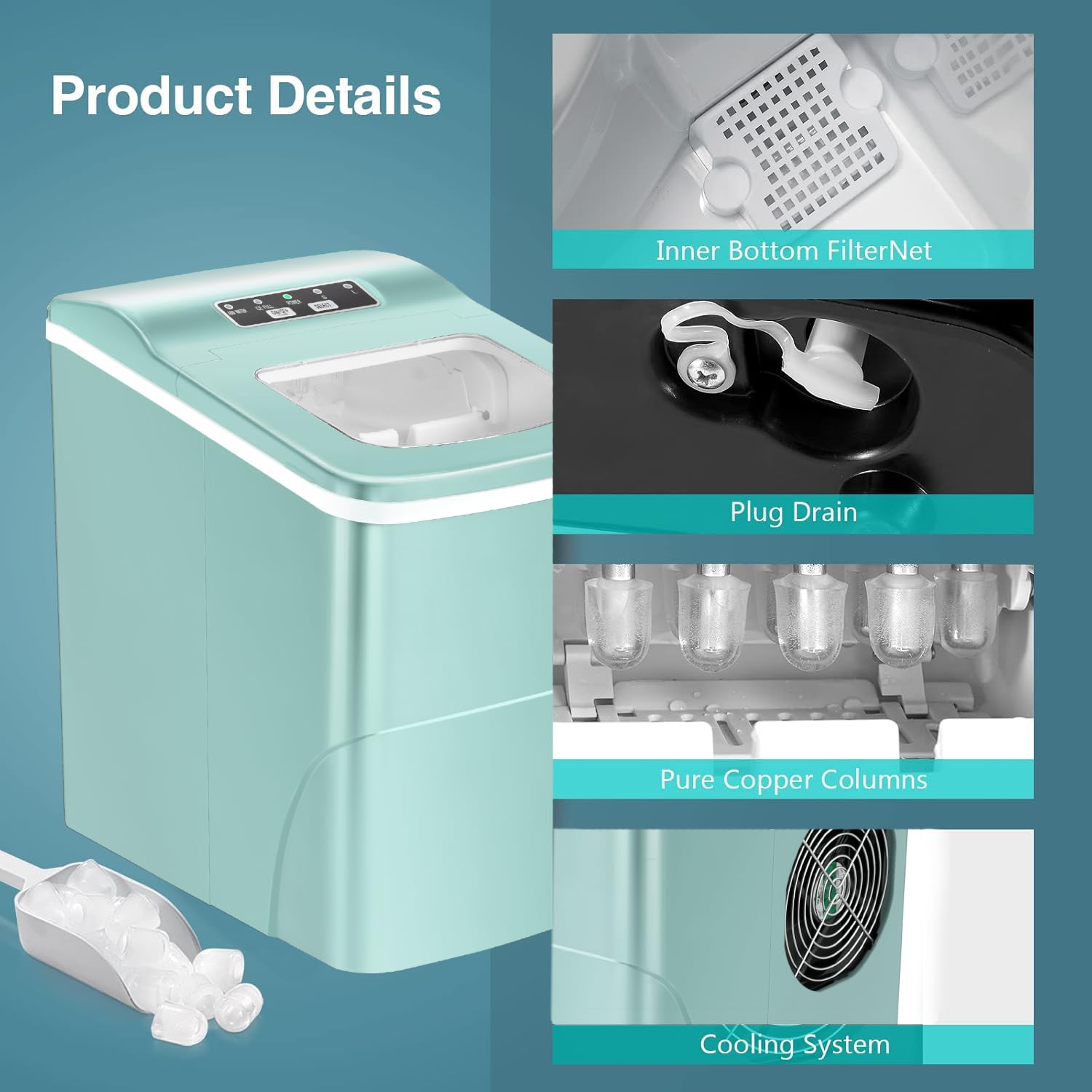 R.W.Flame Countertop Ice Maker 9 Bullet Ice Cubes In 6 Mins, 26lbs/24hrs, Ice Maker Machine With Self-Cleaning, Basket And Scoop For Home Office Kitchen Bar Party, Green on Fridge.com - View 5