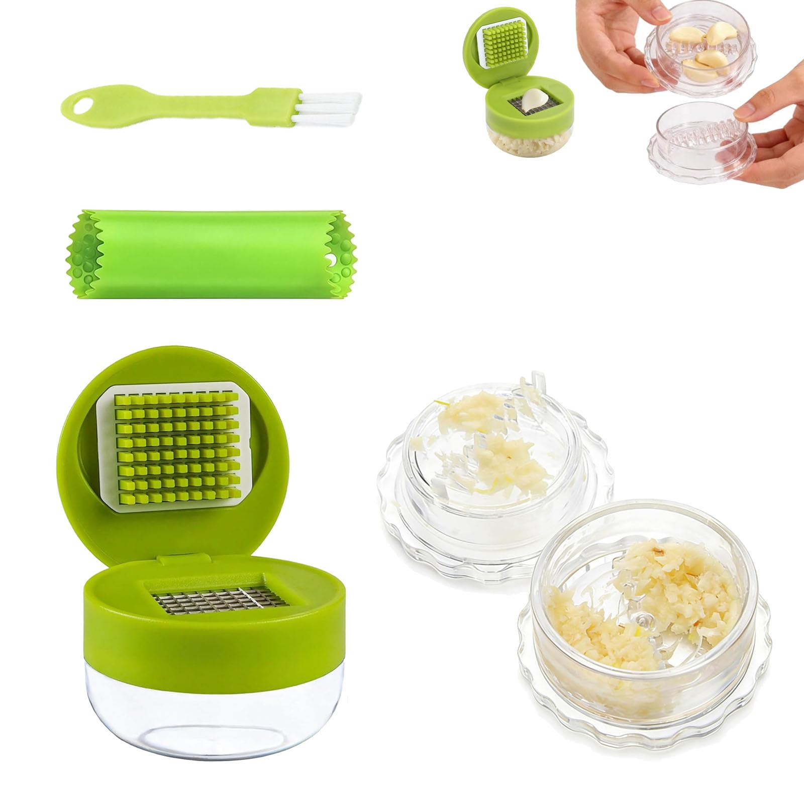 Garlic Mincer Set, Manual Crusher Tool, Green Transparent Silicone Brush
