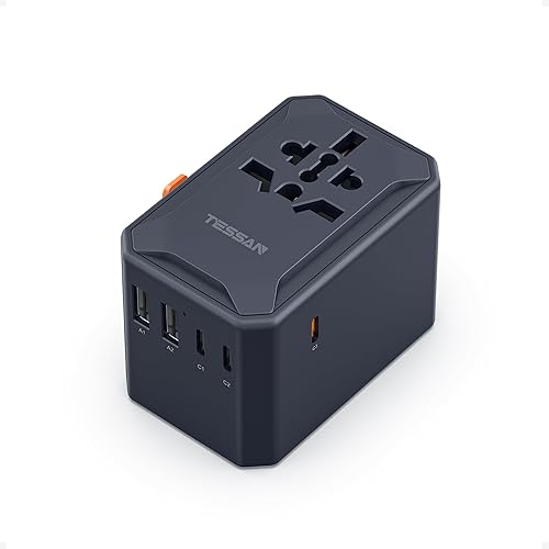 TESSAN Adaptador de viaje universal, adaptador de corriente internacional GaN de 65 W con 5 puertos USB (3 USB C), adaptador de enchufe mundial para
