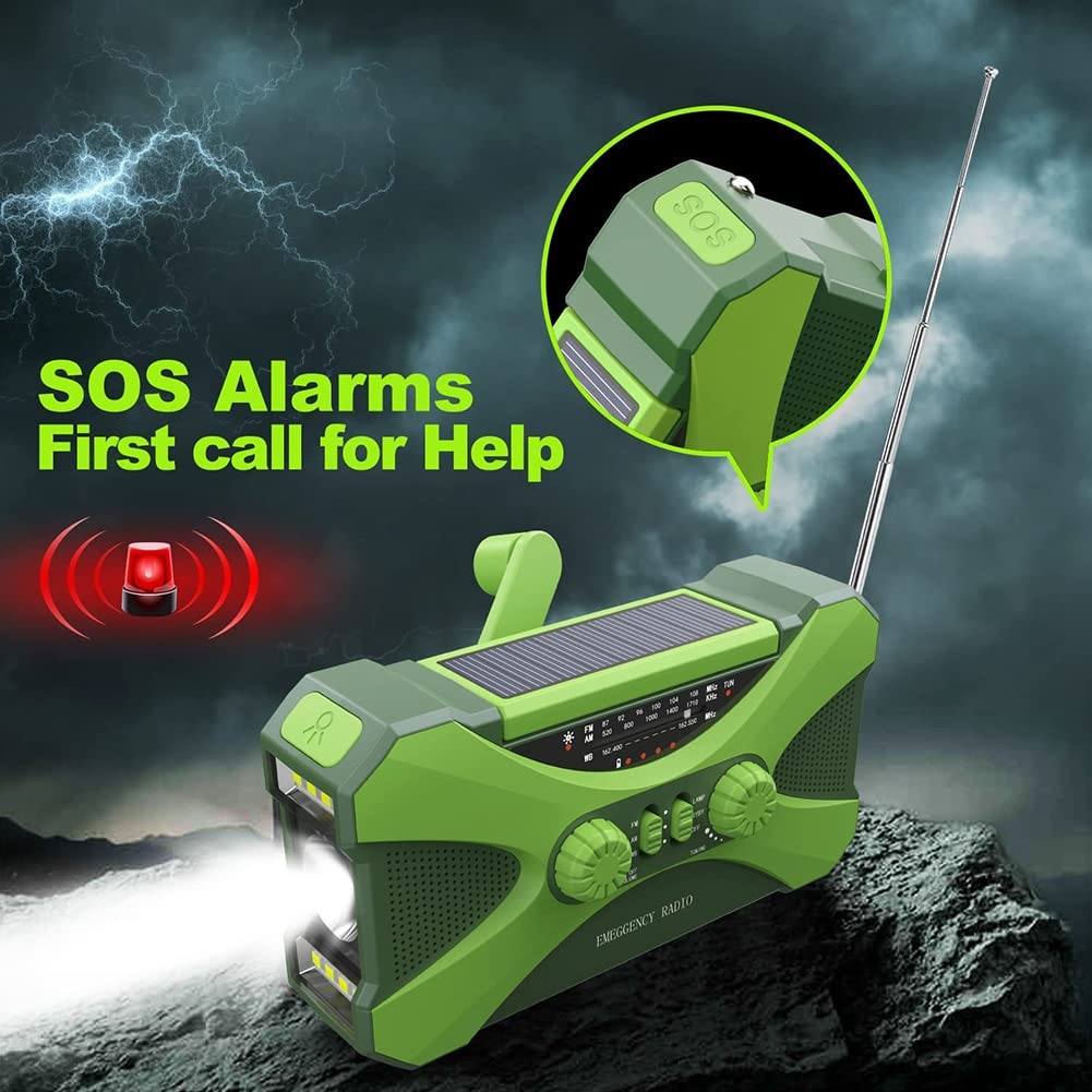 TsoLay Radio de Emergencia de 10000MAh, Radio de Manivela Solar, Portátil con Cargador de Teléfono, Linterna LED Verde