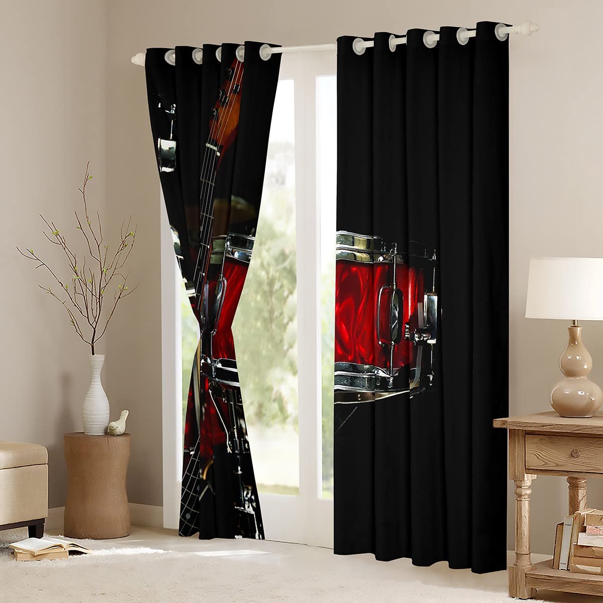 Rock Music Dreapes Cool Drum Kit tende per camera da letto, soggiorno, bambini, ragazzi, ragazze, adolescenti, strumento musicale tende oscuranti (30% -50%) Hip Hop rosso e nero per finestre W66 x L72