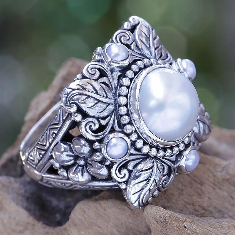 Ganquya Woman's Huge Shiny 925 Sterling Silver Statement Round Pearl Ring Simulation Freshwater Pearl Floral Leaves Vintage Antique Look Statement Promise Ring(6)2