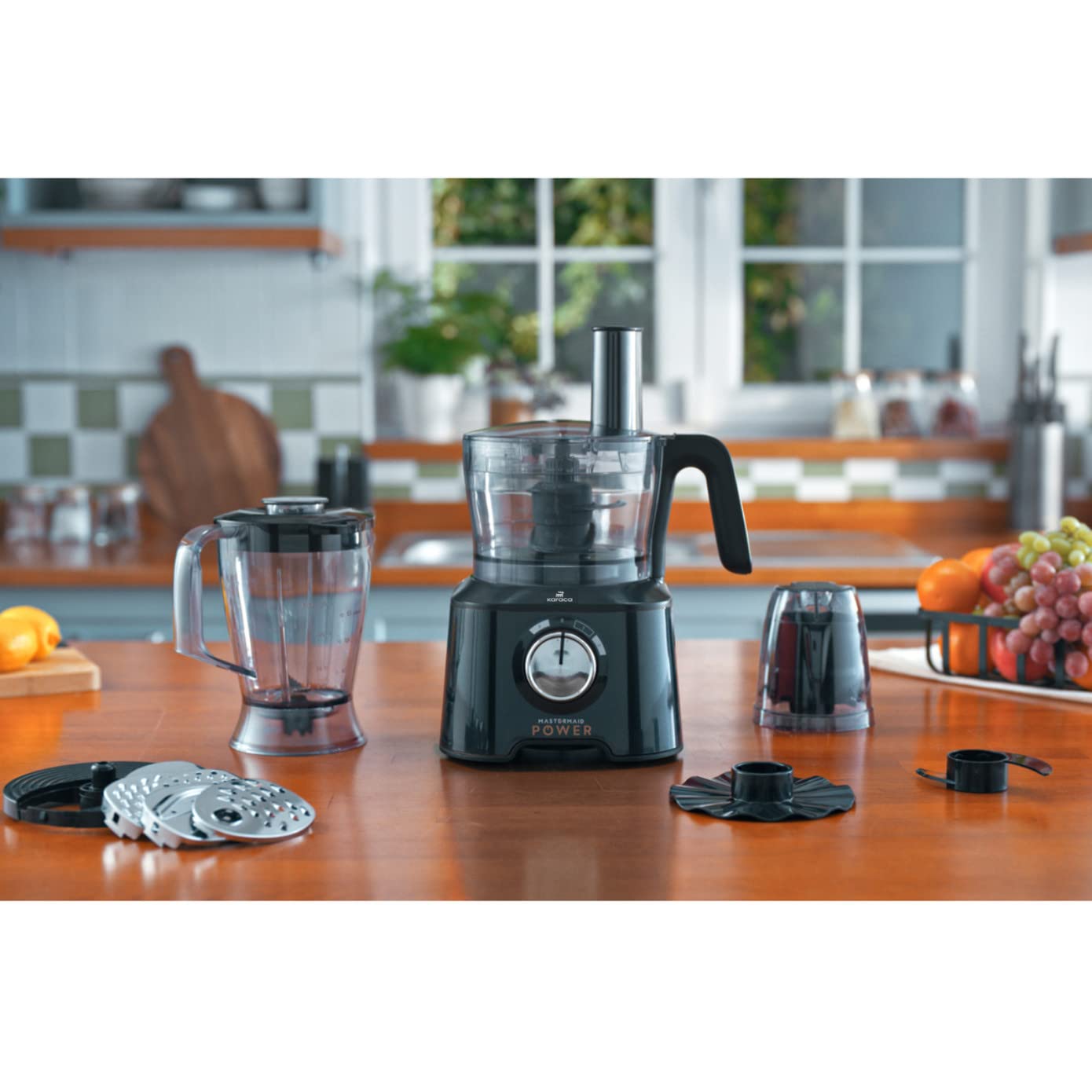Karaca Mastermaid Power Max robot kuchenny 11 w 1, błyszczący, czarny, 2500 W, czarny, pojemność, siekanie, miksowanie, mielenie, tarcie, krojenie