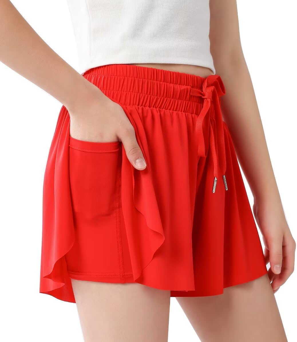 Girls Flowy Shorts with Spandex Liner,2 in 1 Butterfly Shorts Teen Girls with Pockets for Sports,Running,Athletic