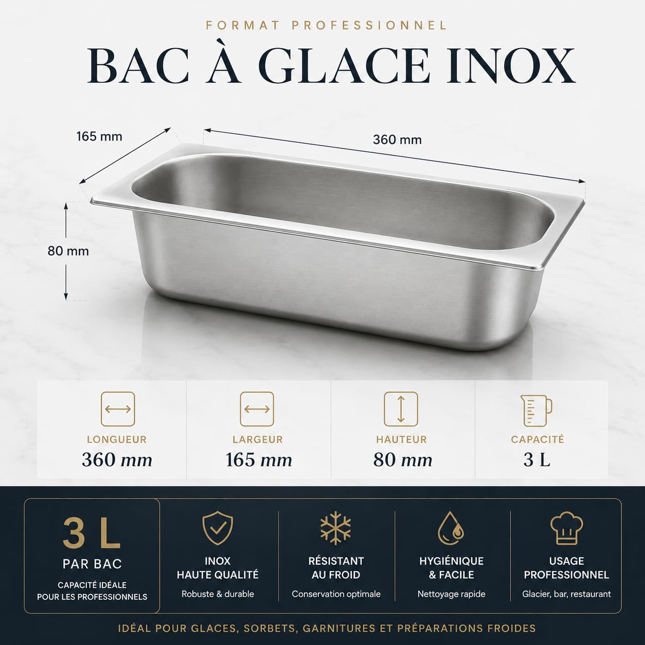 Lot de 4 Bacs à Glace Inox 360x165 mm Hauteur 80 mm 3L – Bac à Crème Glacée Professionnel – Bac Inox pour Vitrine, Bar, Restauration